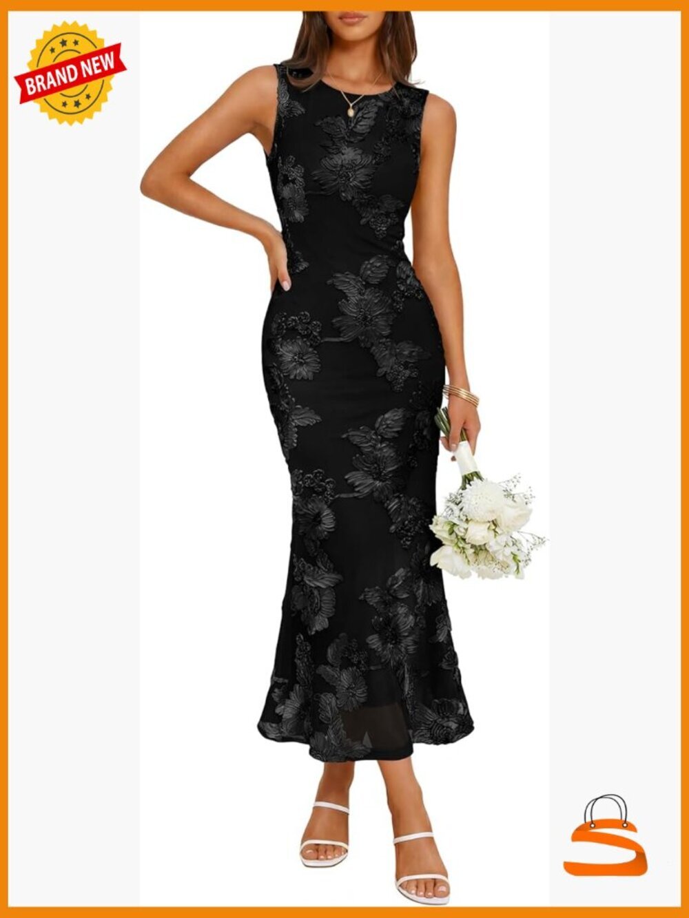 Sleeveless Floral Midi Bodycon Dress Mesh Slit Formal Cocktail Party
